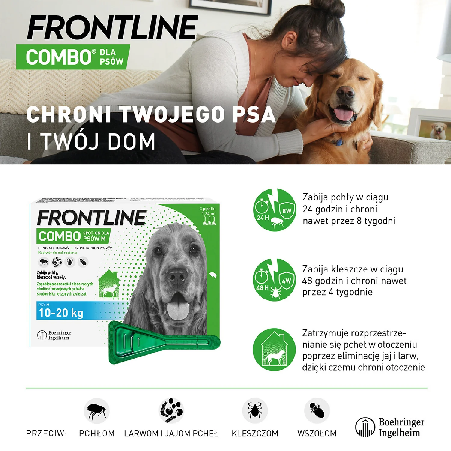 Frontline Combo M, (134 mg + 120,60 mg)/1,34 ml, roztwór do nakrapiania dla psów 10-20 kg, 3 x 1,34 ml 