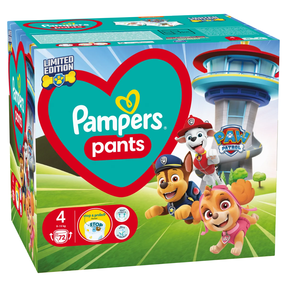 Pampers Pants Paw Patrol, pieluchomajtki rozmiar 4 9-15 kg, 72 szt.