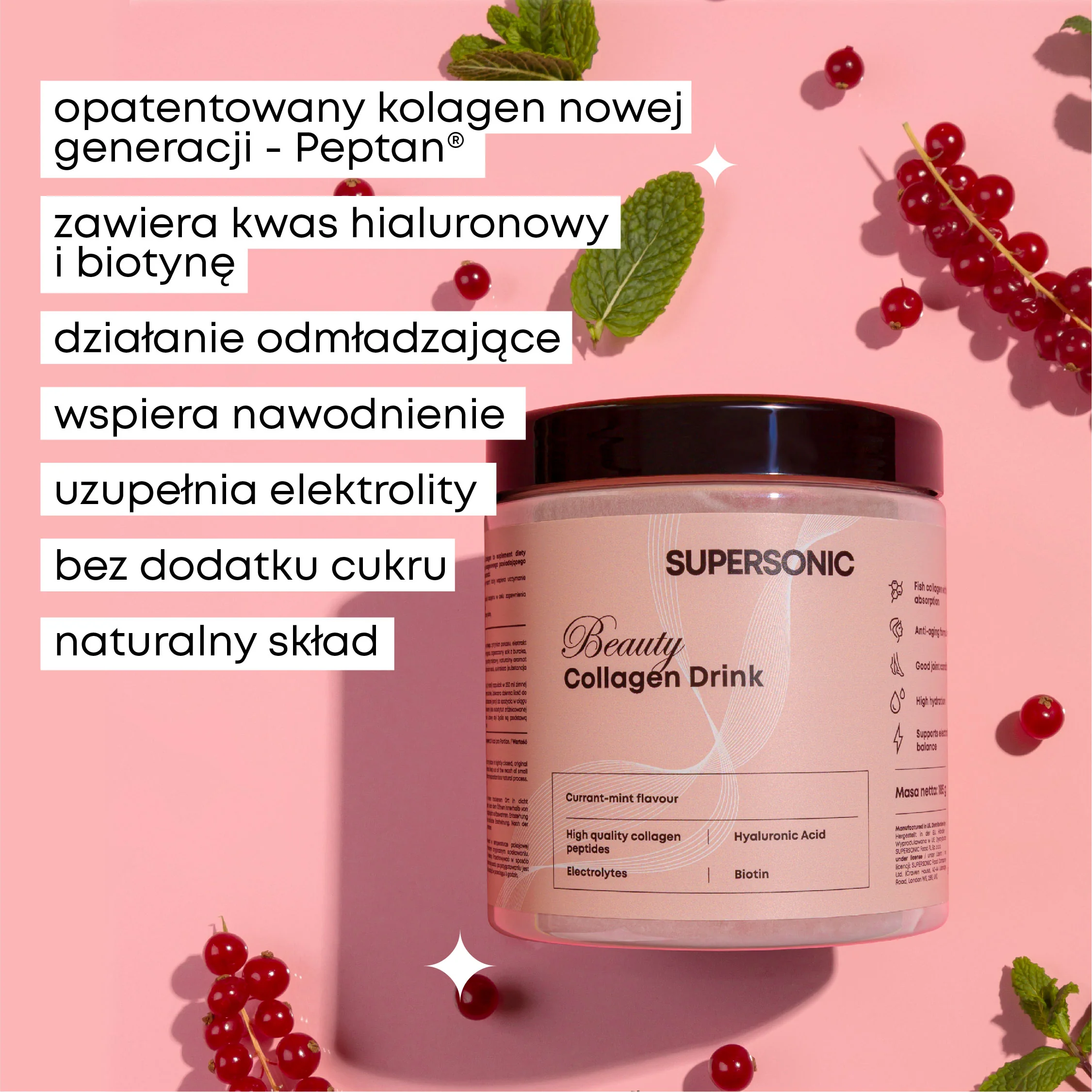 Supersonic Collagen Beauty Drink kolagen w proszku, smak porzeczka-mięta, 185 g 