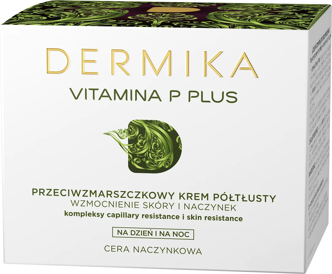 Dermika Witamina P Plus, Przeciwzmarszczkowy krem półtłusty na dzień i na noc do cery naczynkowej, 50 ml