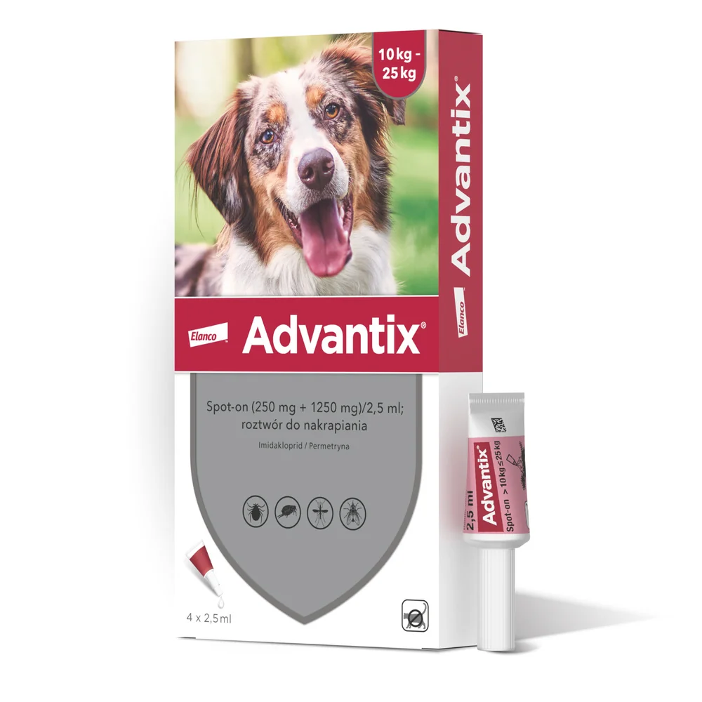 Advantix Spot-on Na Kleszcze i Pchły, (250 mg + 1250 mg)/2,5 ml; roztwór do nakrapiania dla psów 10 - 25 kg, 4 x 2,5 ml