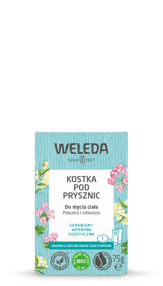 Weleda kostka pod prysznic Geranium + Werbena egzotyczna, 75 g. Data ważności 31-03-2025