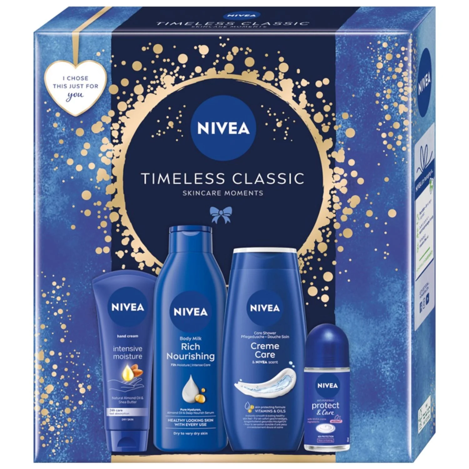 Nivea Timeless Classic krem do rąk, 100 ml + żel pod prysznic, 250 ml + antyperspirant roll-on, 50 ml + mleczko do ciała, 250 ml