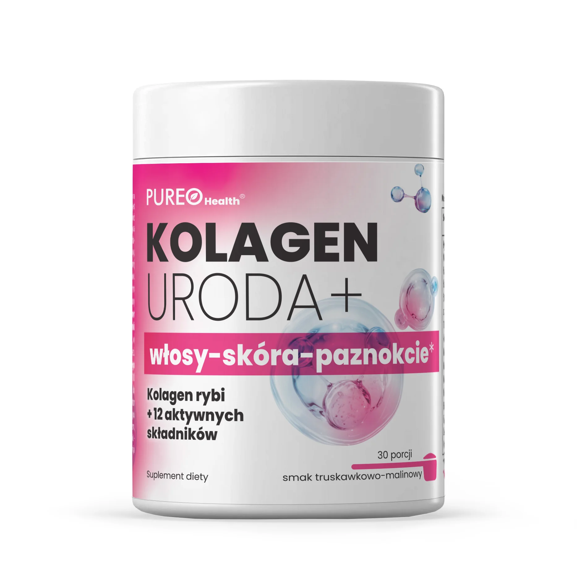 Pureo Health, Kolagen Beuaty Formula włosy-skóra-paznokcie 30 porcji, smak truskawka i malina