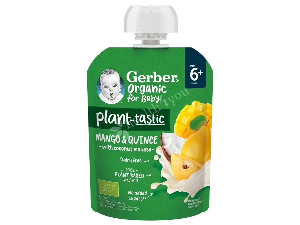 Gerber Organic Plant-tastic deserek mango i pigwa z musem kokosowym po 6 miesiącu, 80 g