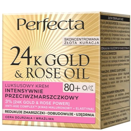 Perfecta 24K Gold & Rose Oil, luksusowy krem przeciwzmarszaczkowy do twarzy 80+, 50 ml