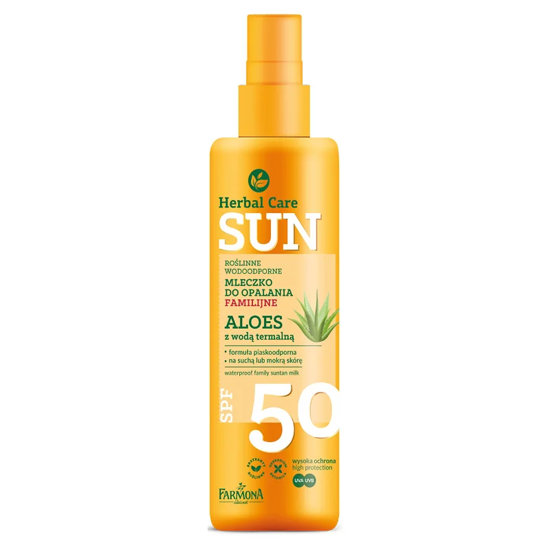 Farmona Herbal Care Sun, roślinne wodoodporne mleczko do opalania familijne Aloes z wodą termalną SPF 50, 200 ml