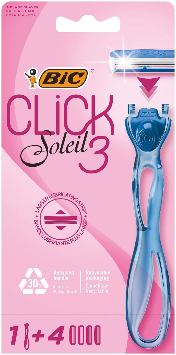 BiC Soleil Click 3 3-ostrzowa maszynka do golenia dla kobiet z wymiennymi wkładami, 1 maszynka + 4 wkłady