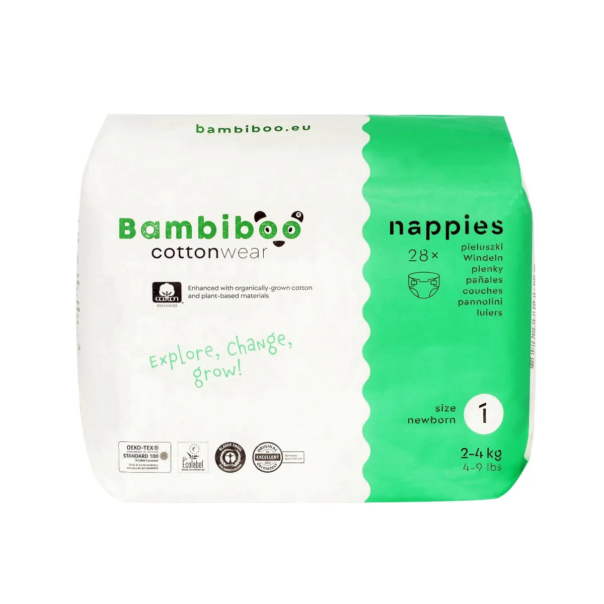 Bambiboo COTTONWEAR, jednorazowe pieluszki z bawełną organiczną i wycięciem na pępek rozmiar 1, 28 szt.