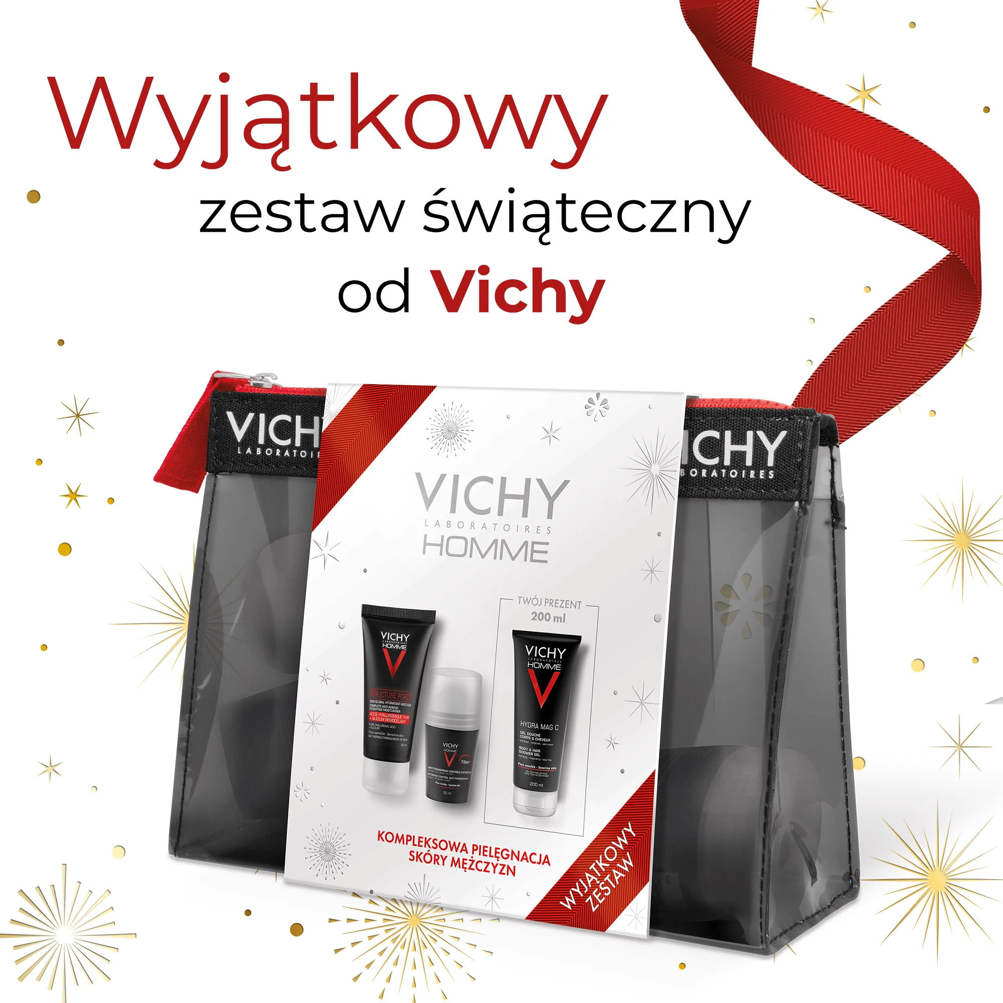 Vichy Homme zestaw w kosmetyczce Structure Force przeciwzmarszczkowy krem wzmacniający + antyperspirant w kulce 72 h + Hydra Mag C żel pod prysznic, 50 ml + 50 ml + 200 ml 