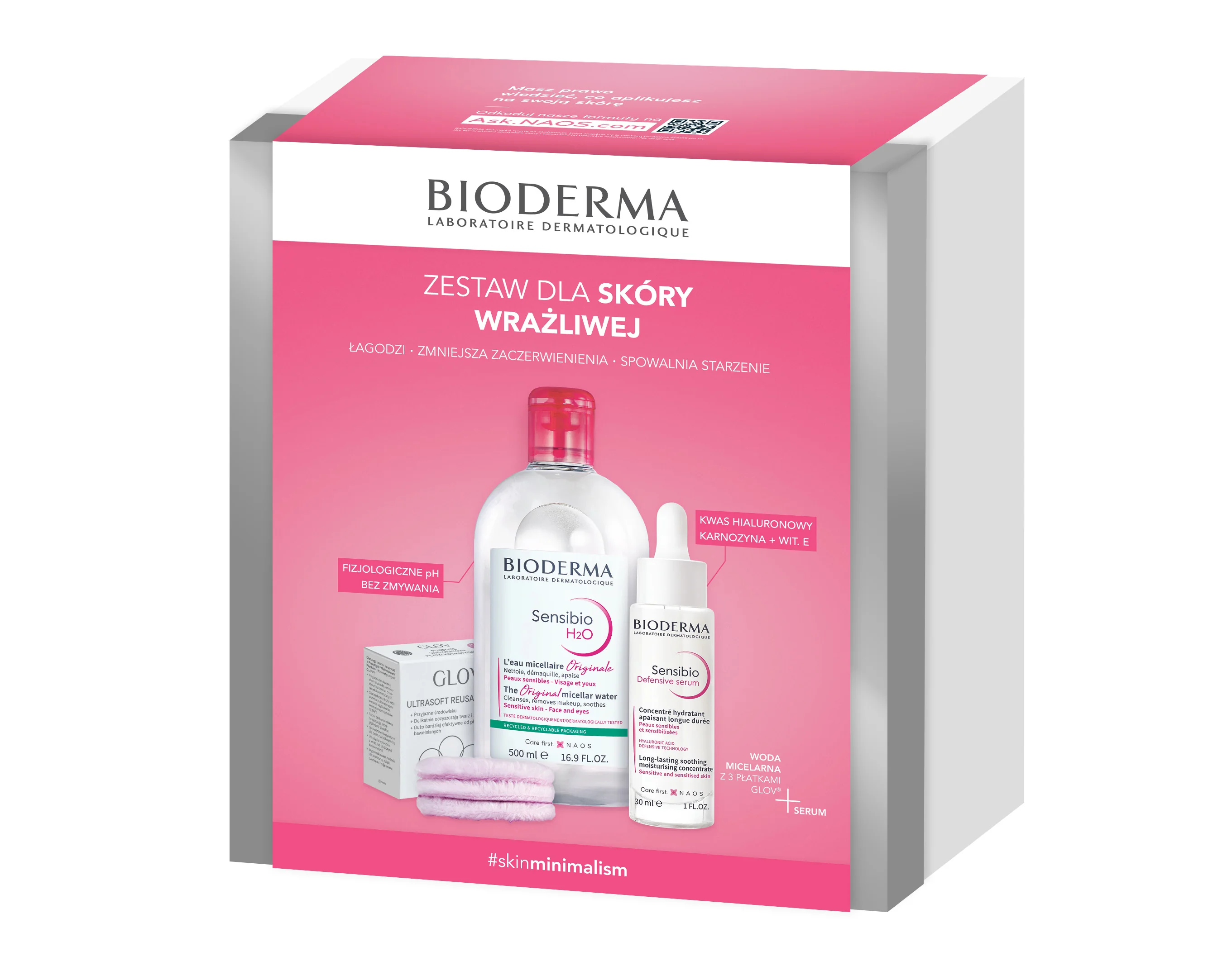 Bioderma Sensibio woda micelarna + serum łagodzące + wielorazowy wacik GLOV