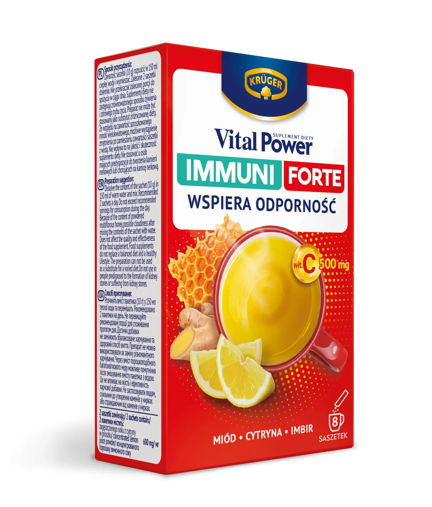 Krüger Vital Power Immuni Forte, miód cytryna imbir, 8 saszetek