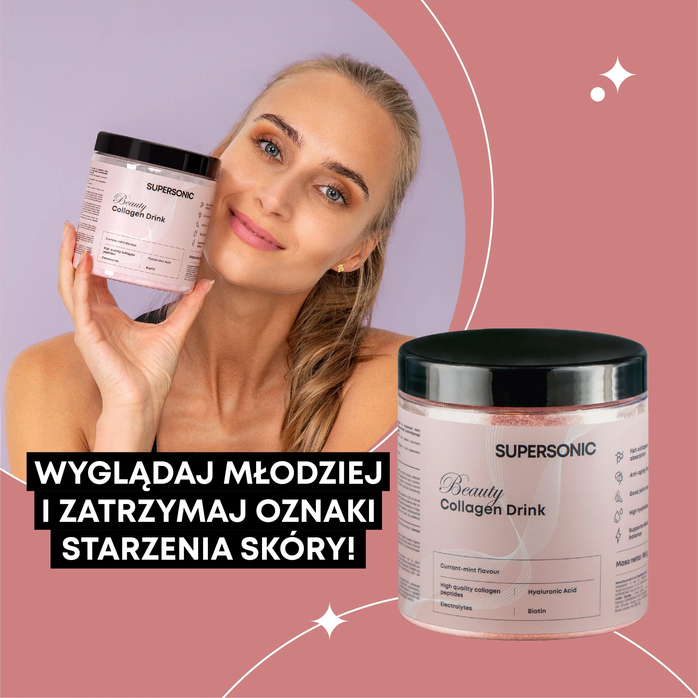 Supersonic Collagen Beauty Drink kolagen w proszku, smak porzeczka-mięta, 185 g 