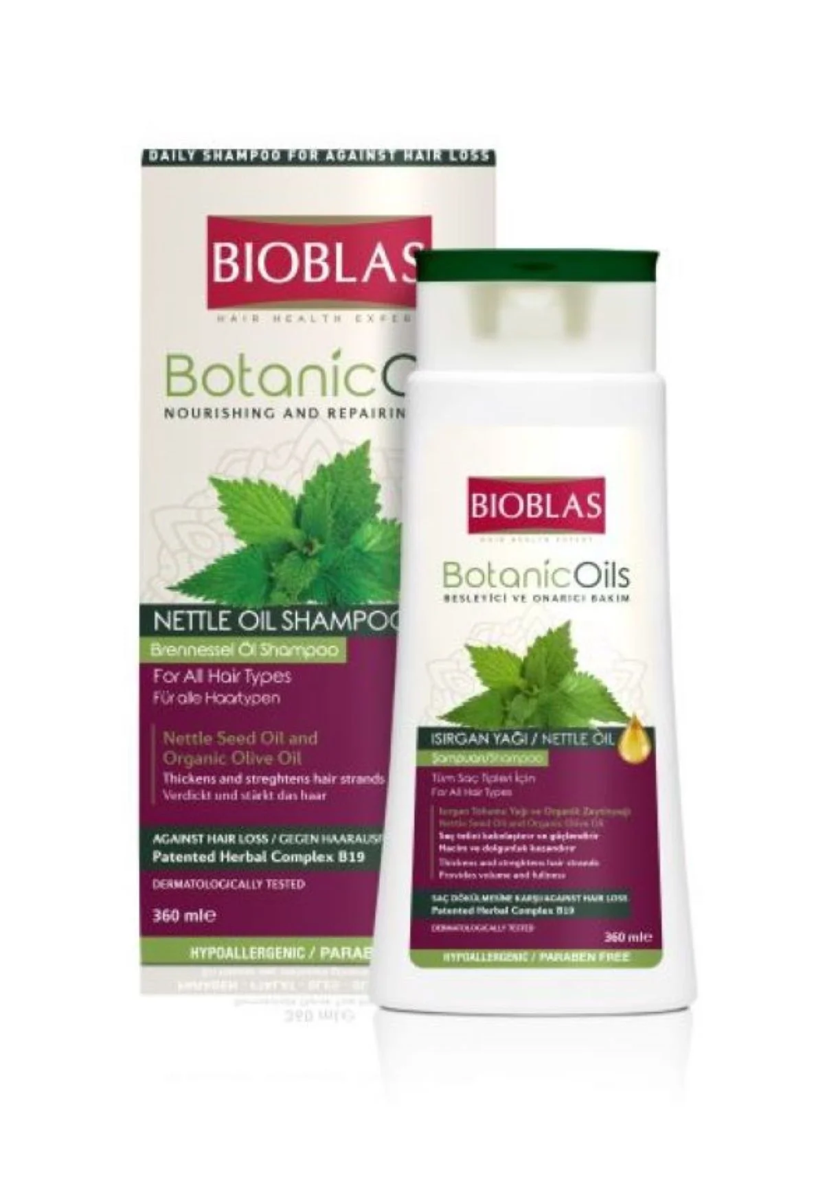 BIOBLAS Botanic Oils, ziołowy szampon przeciw wypadaniu włosów z olejem pokrzywowym, 360 ml