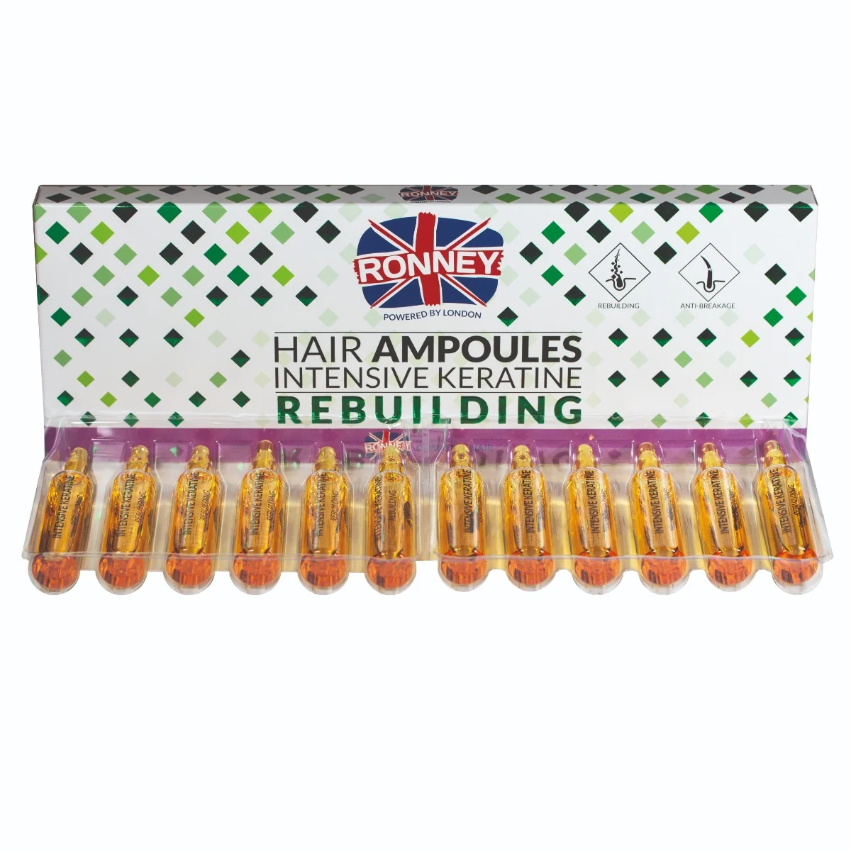 RONNEY Hair Ampoules Intensive KERATINE Rebuilding, Ampułki z keratyną do włosów suchych i zniszczonych, 12 × 10 ml