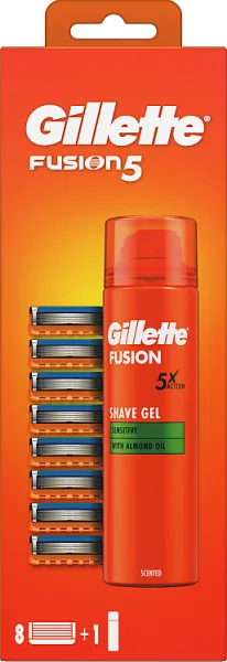 Gillette Fusion5, 8 ostrzy wymiennych do maszynki do golenia + żel do golenia, 200 ml