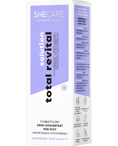 SheCare Total Revital Solution, synbiotyczny krem-koncentrat pod oczy rewitalizująco-rozświetlający, 15 ml