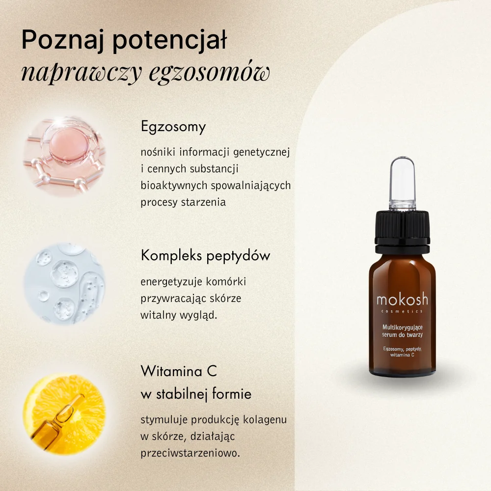 Mokosh Multikorygujące serum do twarzy Egzosomy, peptydy, witamina C, 12 ml