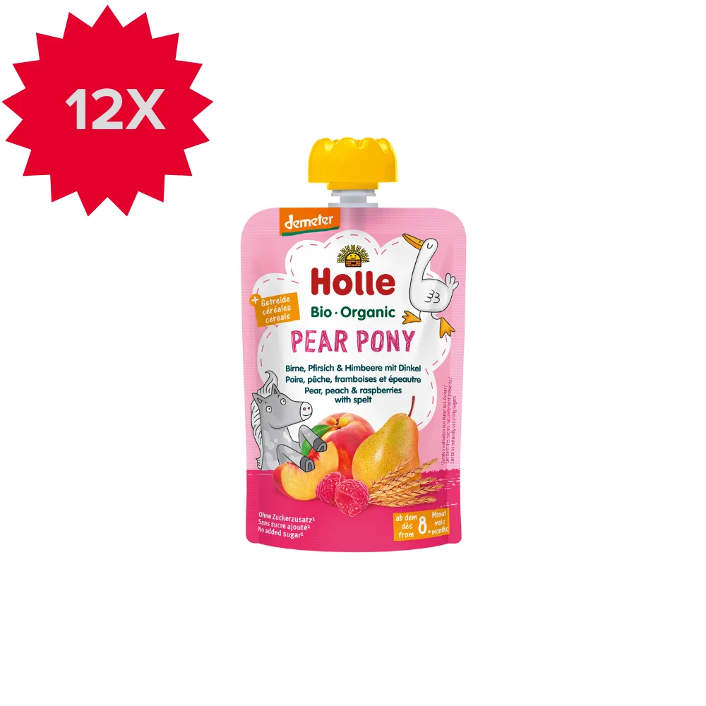 Holle BIO Pear Pony mus gruszkowy Kucyk z gruszek, brzoskwiń, malin i orkiszu dla niemowląt powyżej 8. miesiąca życia, 12 x 100 g