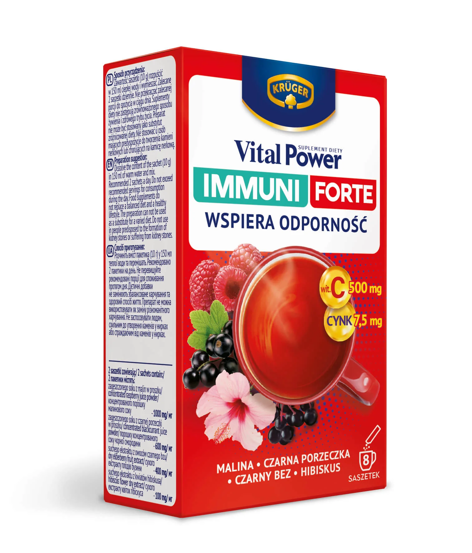 Krüger Vital Power Immuni Forte, malina czarna porzeczka, czarny bez 8 saszetek