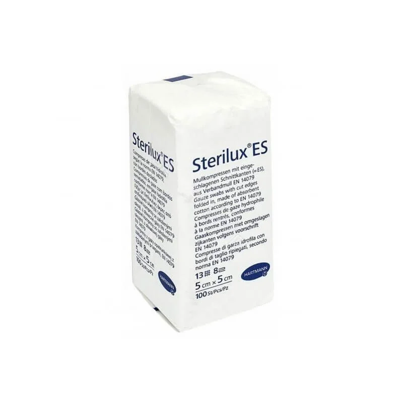 Sterilux ES, kompresy z gazy bawełnianej, niejałowe, 13-nitkowe, 8 warstw, 5 cm x 5 cm, 100 sztuk