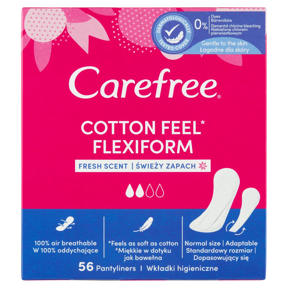 Carefree Cotton Feel Flexiform, miękkie wkładki higieniczne, 56 szt.