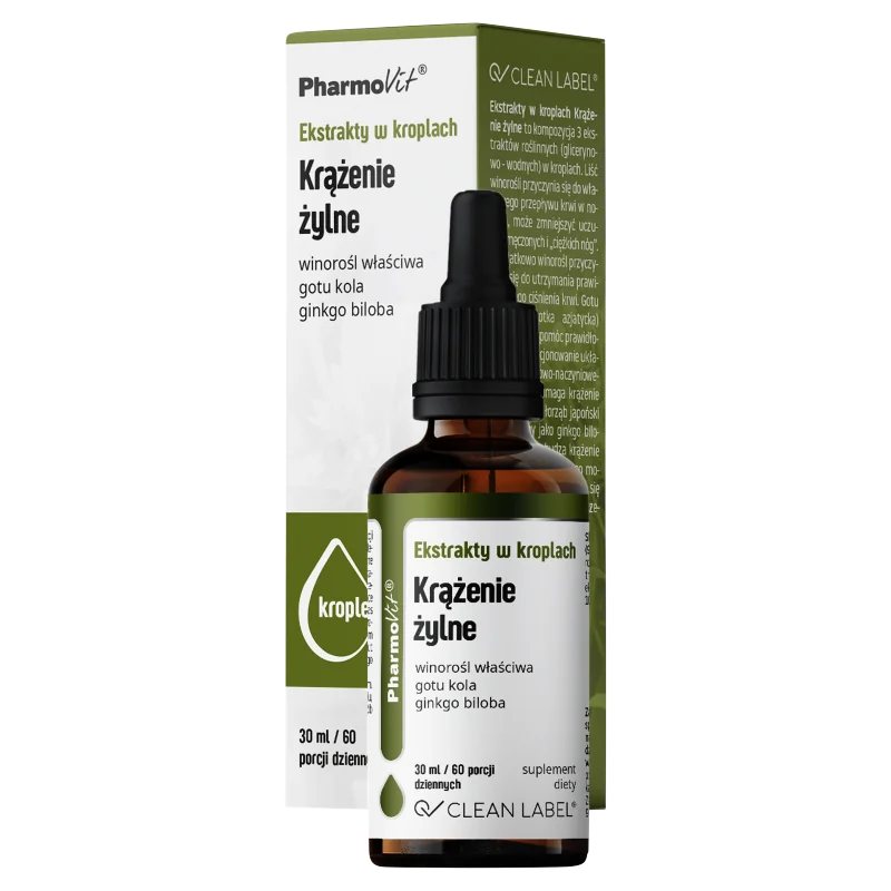 Pharmovit Clean label, Ekstrakty w kroplach Krążenie żylne, suplement diety, 30 ml