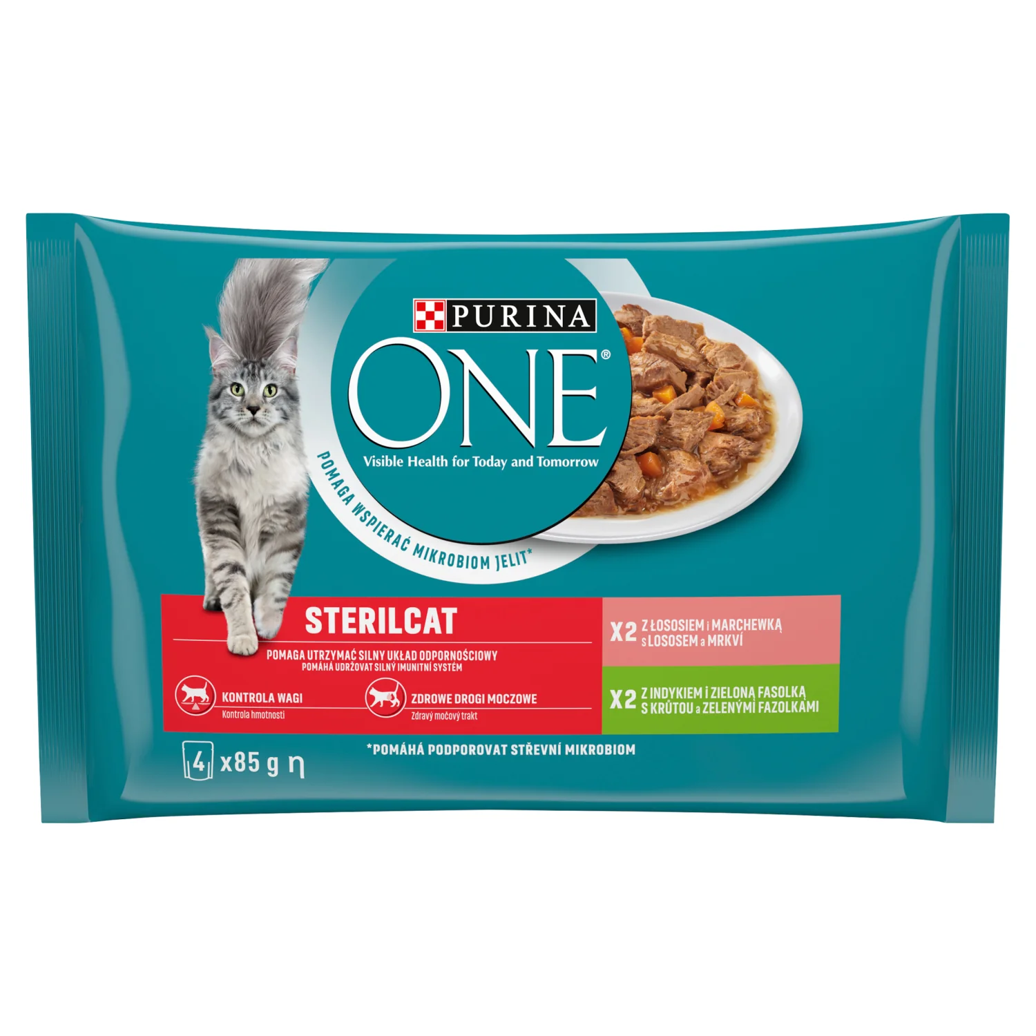 Purina ONE Sterilcat saszetki z łososiem i marchewką, z indykiem i zieloną fasolką dla kotów, 4 x 85 g