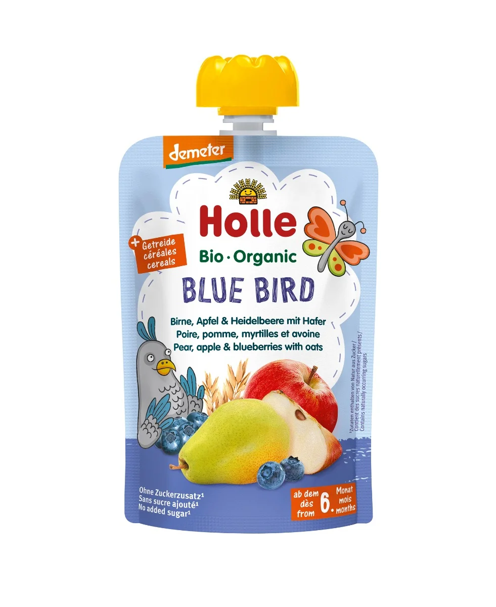 Holle BIO Organic Blue Bird mus gruszka, jabłko, jagody z owsem, 100 g