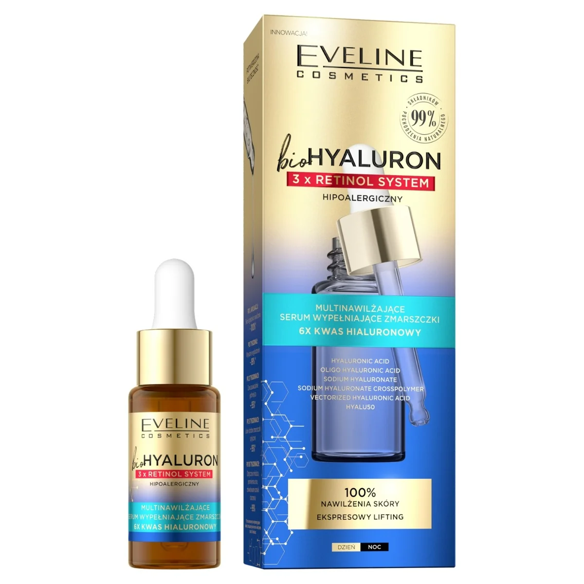 Eveline Cosmetics BioHyaluron 3 x Retinol System, multinawilżające serum wypełniające zmarszczki, 18 ml