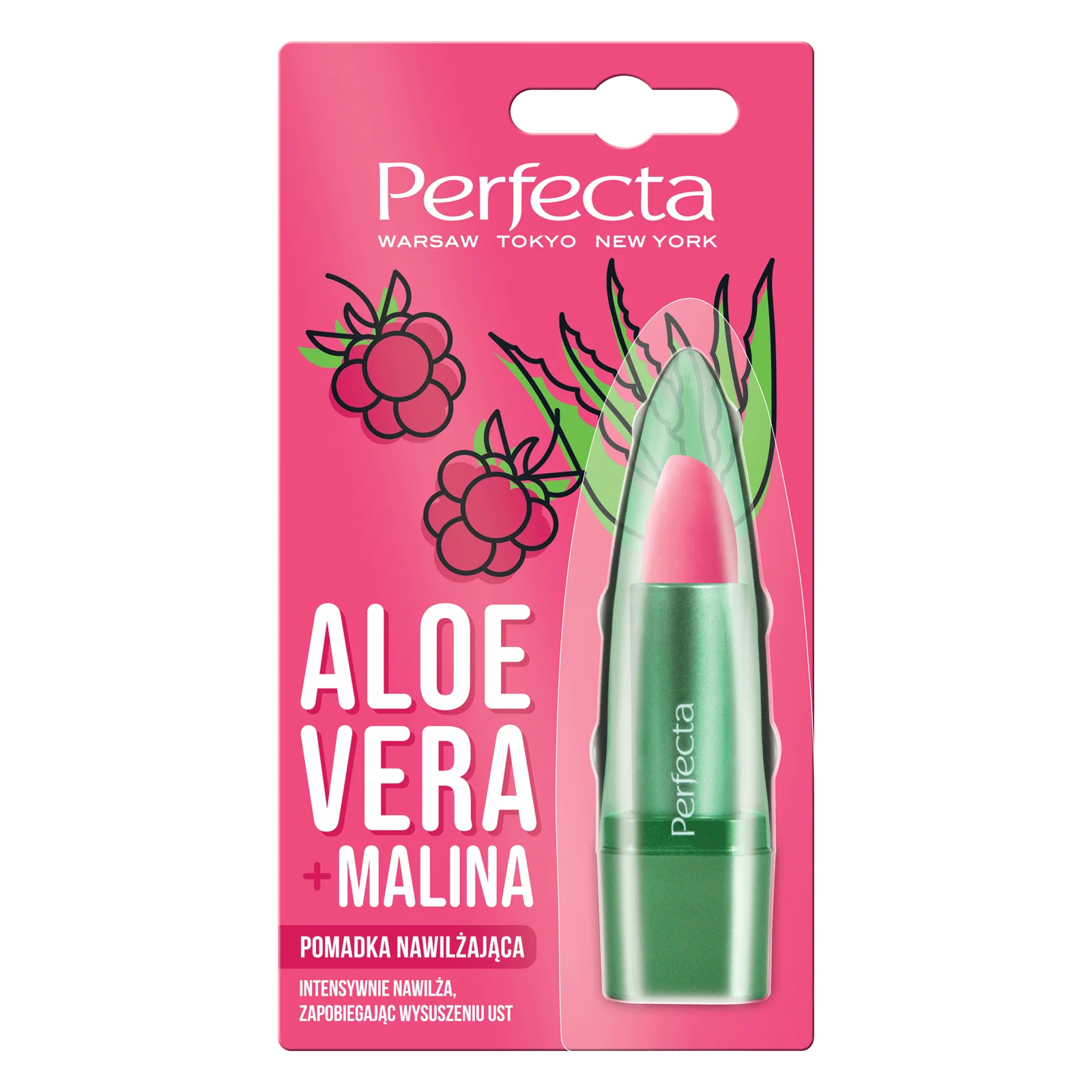 Perfecta Aloe Vera pomadka nawilżająca do ust z aloesem i maliną, 5 g