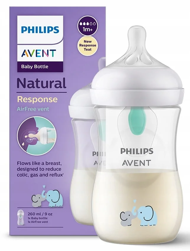 Philips Avent Natural Response, butelka responsywna z wentylem AirFree ze słonikami SCY673/81, 1 szt.