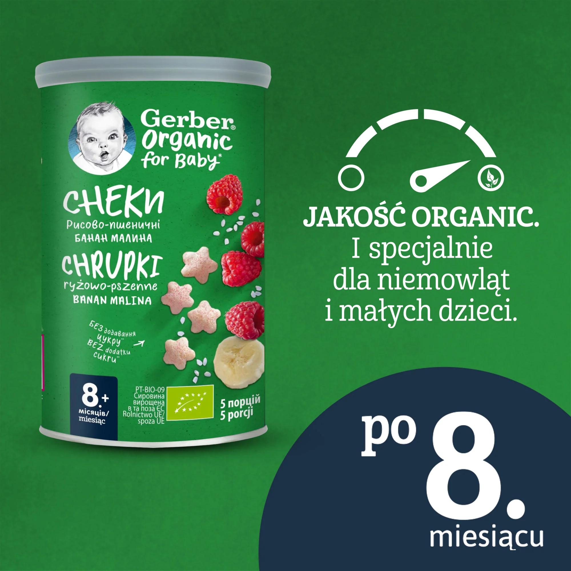 Gerber Organic Nutri Puffs chrupki ryżowo-pszenne banan, malina od 8 miesiąca życia, 35 g